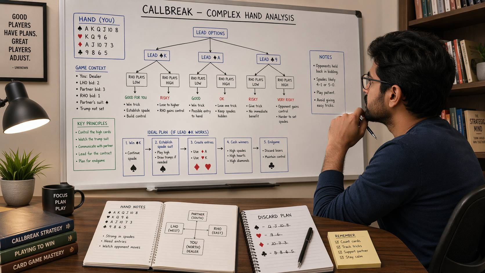 Advanced Callbreak strategy concepts with experienced player analyzing complex hand scenarios
