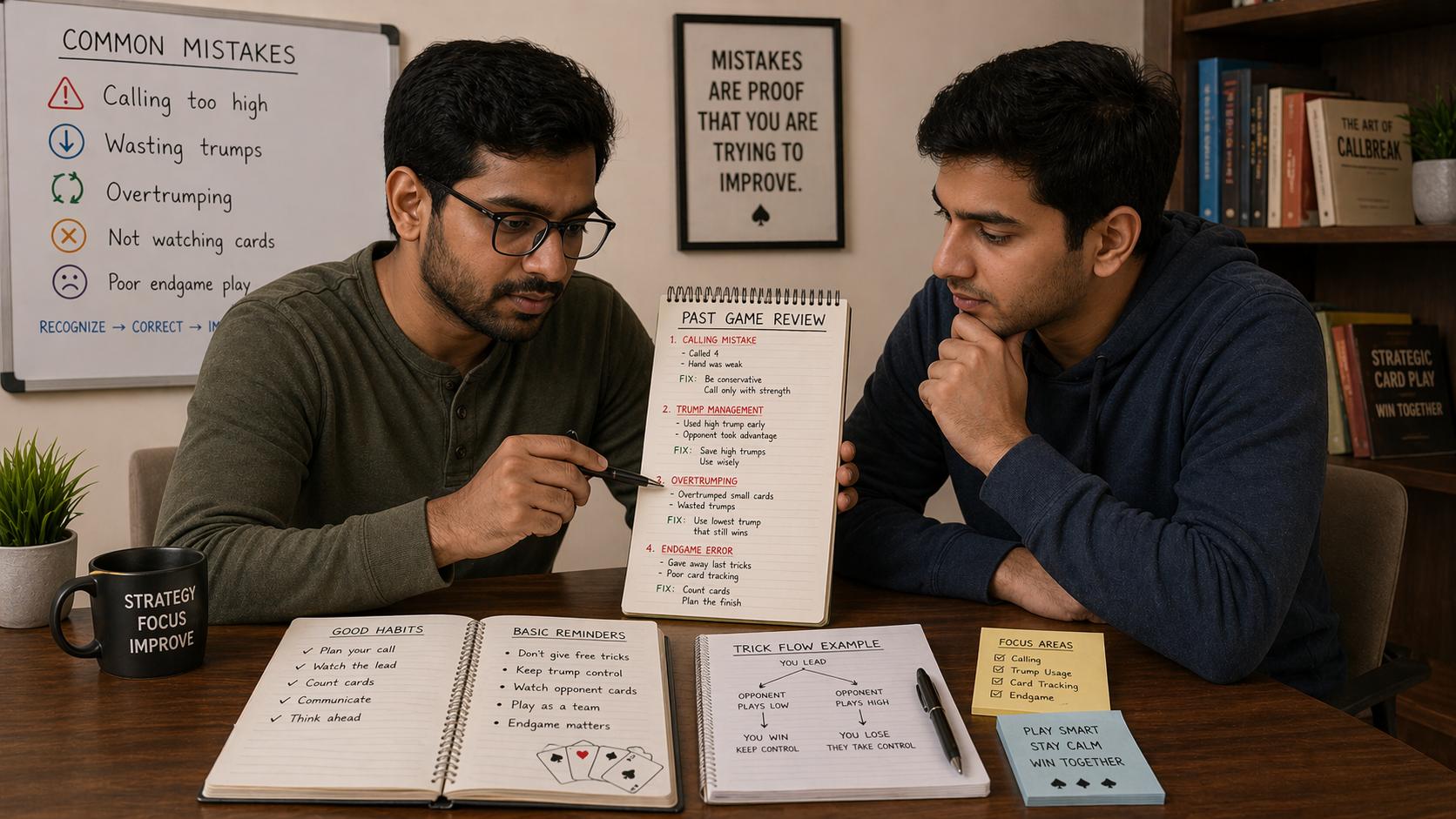 Callbreak common mistakes and error correction - player reviewing game mistakes with analysis notes, overcalling errors, trump timing mistakes, partner communication issues, learning from errors, educational card game improvement guide, 1200x675