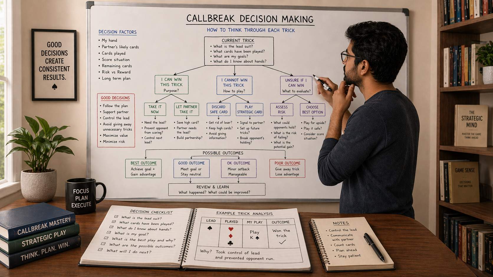 Callbreak decision making process with decision framework and logical card play analysis