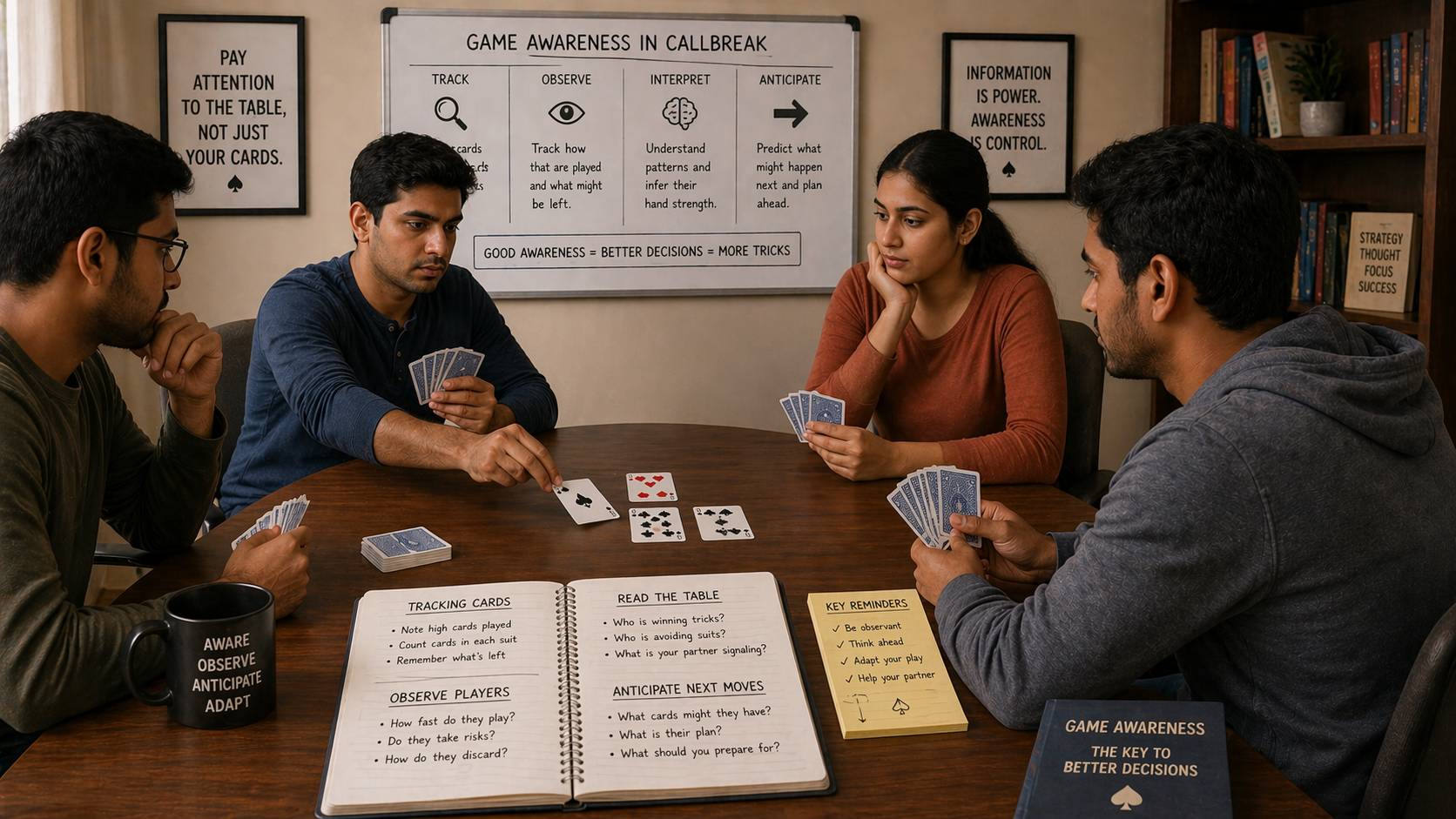 Callbreak game awareness and table reading with observant players tracking cards