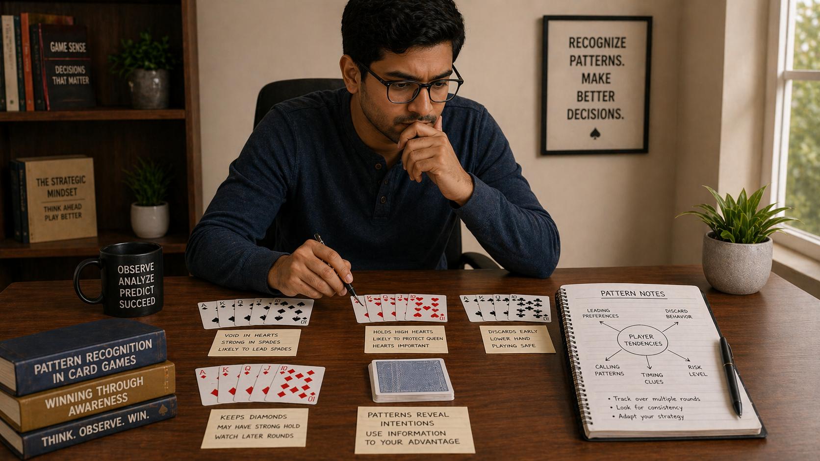 Callbreak pattern recognition skills - player identifying repeating behaviors and card patterns, predicting opponent moves, behavioral tendency analysis, trick-taking patterns, strategic observation techniques, educational card game guide, 1200x675