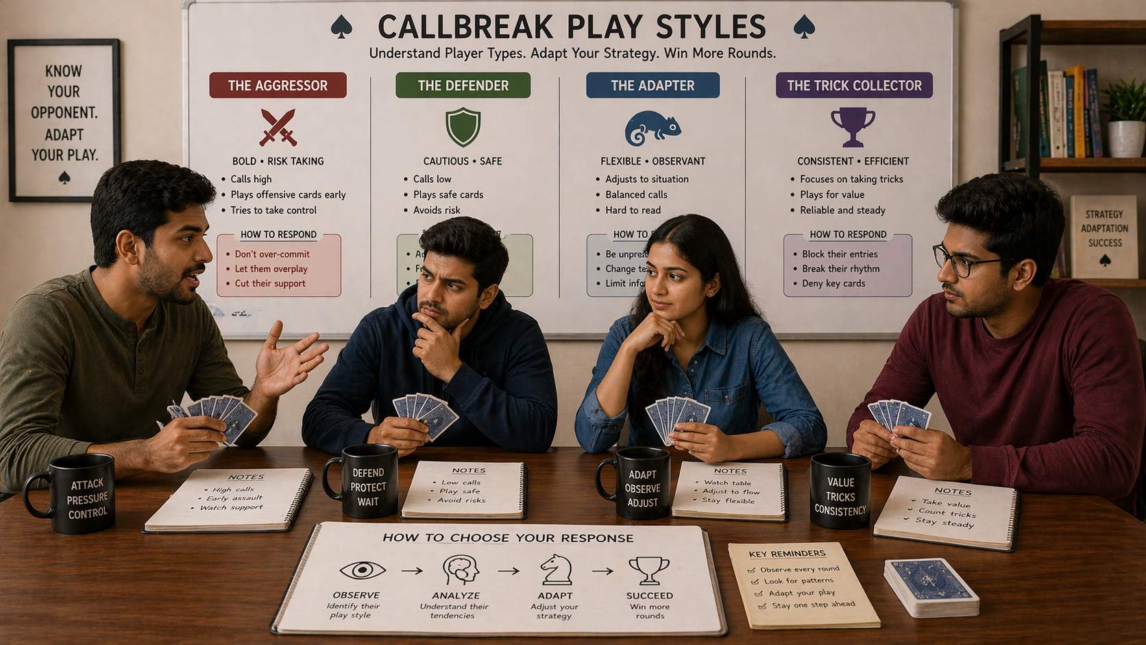 Callbreak play styles and player types - aggressive vs defensive players, adaptive strategies, identifying opponent tendencies, counter-play tactics, different playing personalities at card table, educational game strategy guide, 1200x675