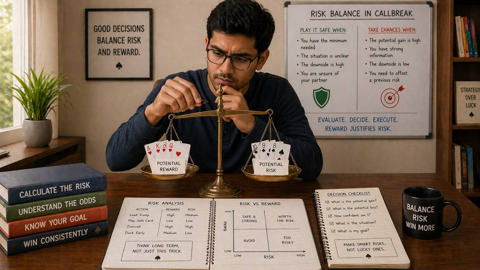 Callbreak risk balance and reward evaluation with player weighing risk vs reward decisions