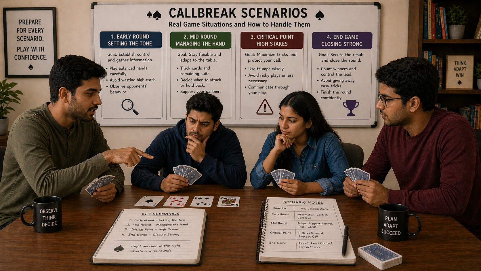 Callbreak game scenarios and real situations - four players at card table handling common game scenarios, early round strategy, late round tactics, trick winning decisions, practical gameplay examples, educational card game guide illustration, 1200x675