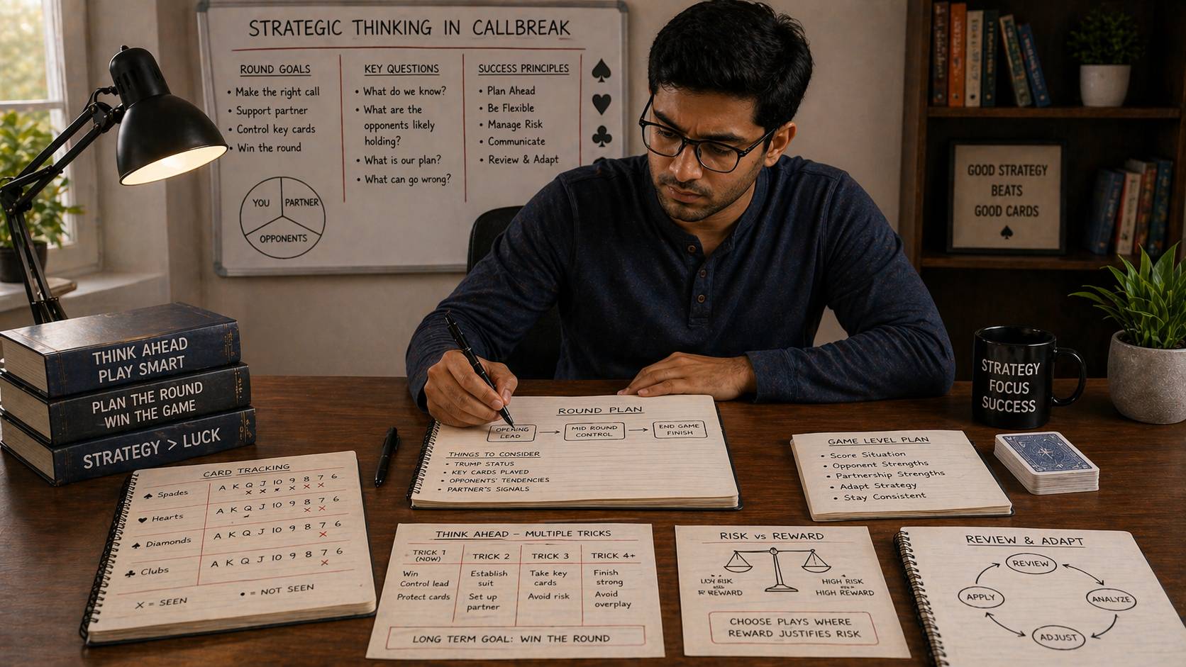 Callbreak strategic thinking and planning ahead - player analyzing multiple rounds with strategy flowcharts, game-level decision making, long-term planning notes, proactive vs reactive play diagrams, educational card game strategy guide, 1200x675