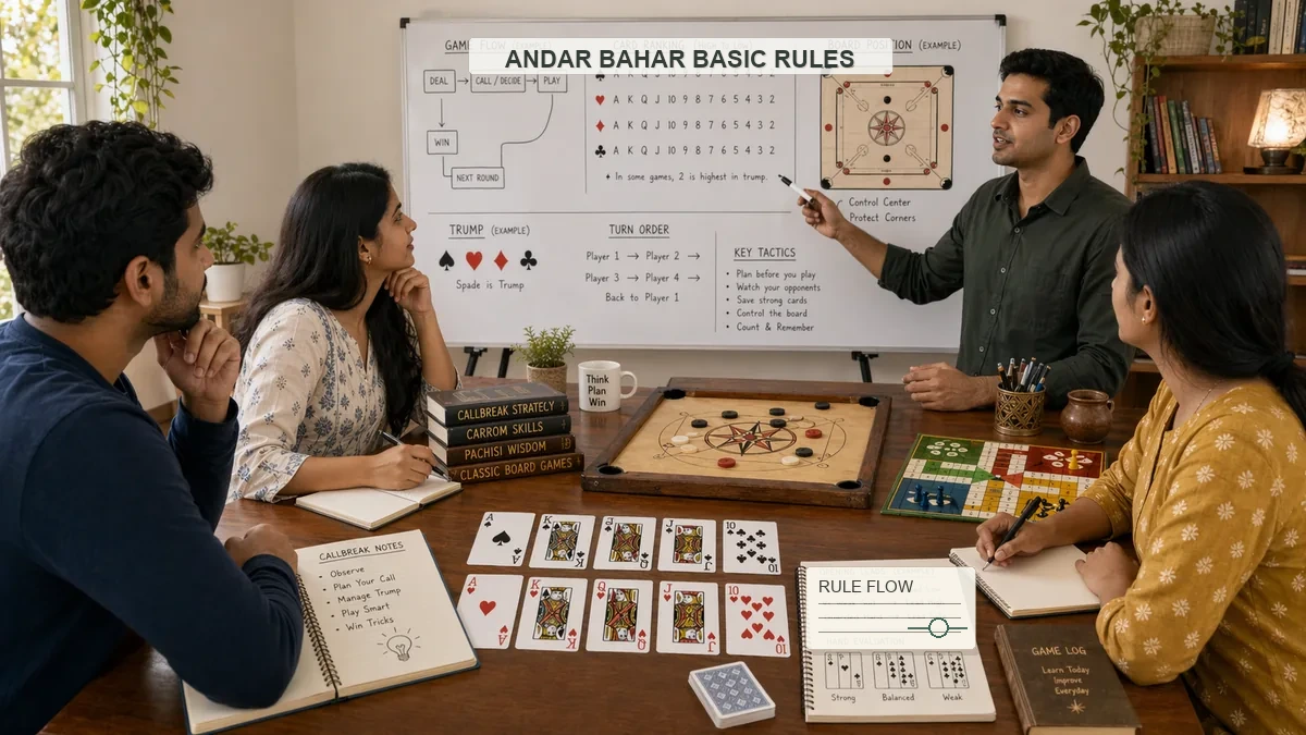 Andar Bahar classroom training scene with instructor, students, cards, chips, and whiteboard diagrams