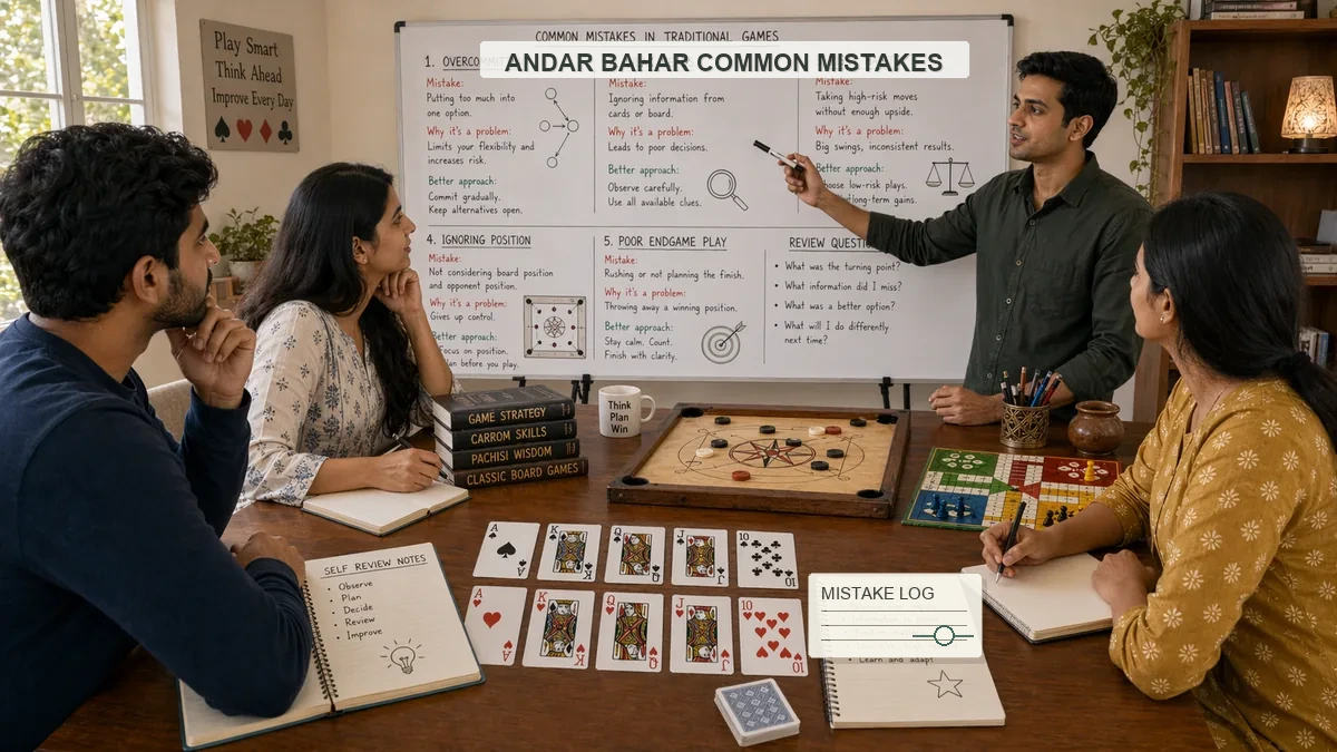 Andar Bahar common mistakes training with classroom whiteboard warnings, cards, and training chips