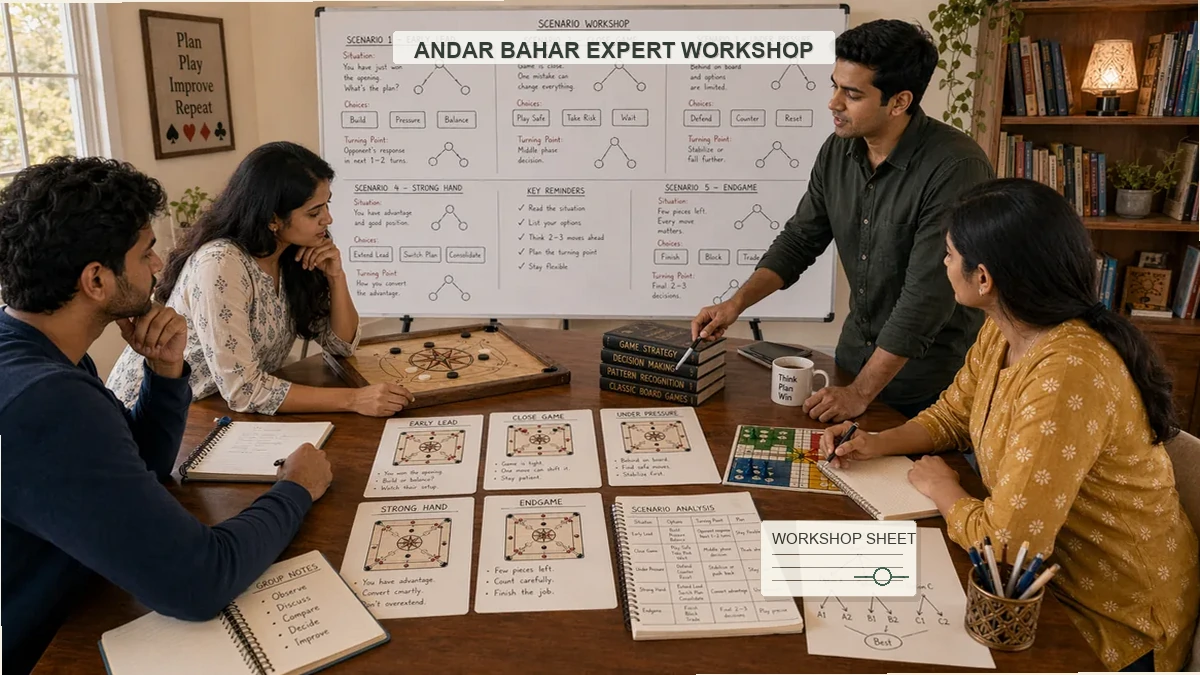 Andar Bahar expert workshop classroom with detailed card review, training chips, students, and instructor
