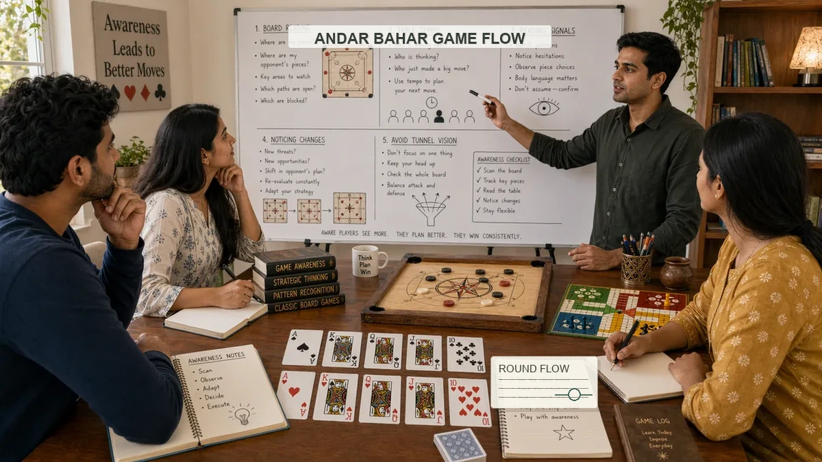 Andar Bahar game flow lesson with whiteboard flowchart, card sequence, instructor, and students