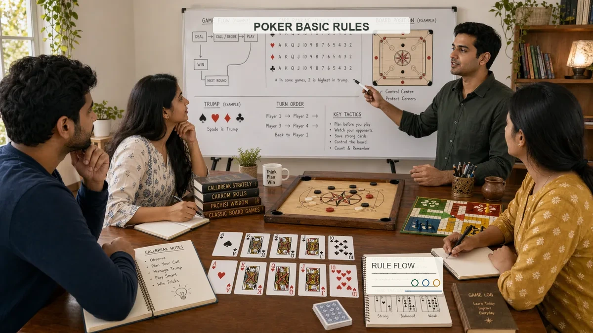 Poker classroom training scene with instructor, students, cards, and whiteboard diagrams