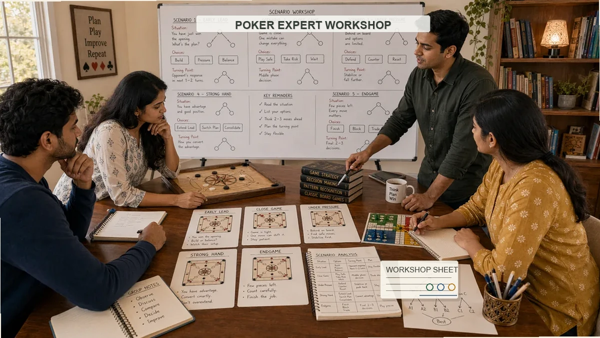 Poker expert workshop classroom with detailed scenario sheets, card examples, whiteboard notes, and instructor guidance