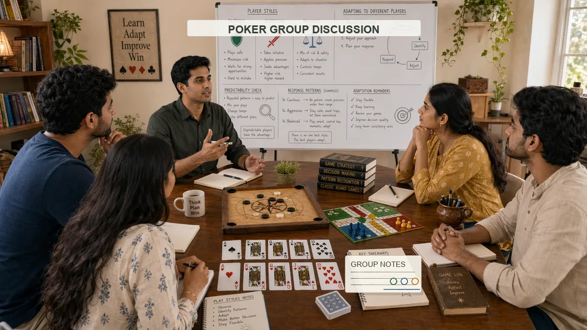Poker group discussion in an Indian training classroom with students, instructor, cards, and whiteboard diagrams
