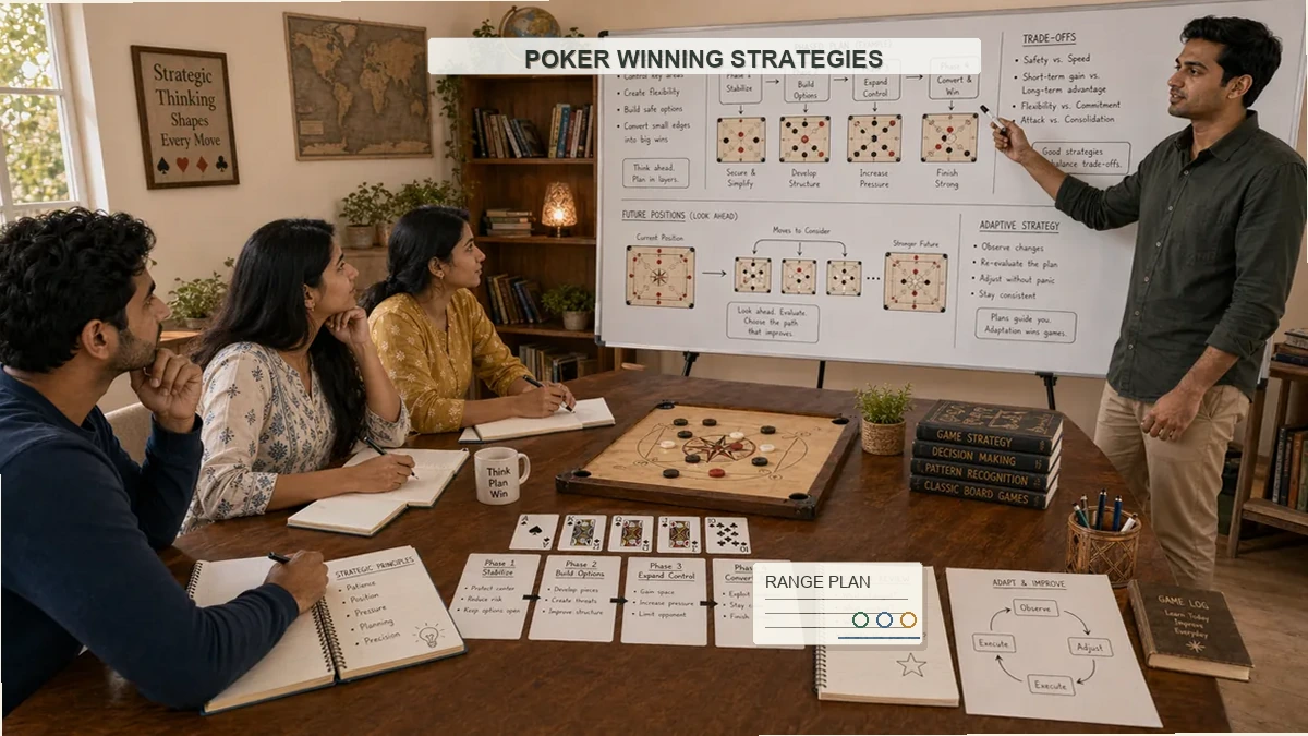 Poker winning strategies workshop with range planning notes, card examples, instructor, and students
