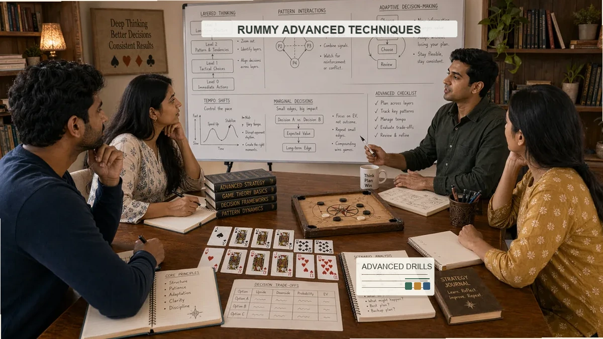 Rummy advanced techniques training with layered sequence diagrams, card groups, instructor, and adult students
