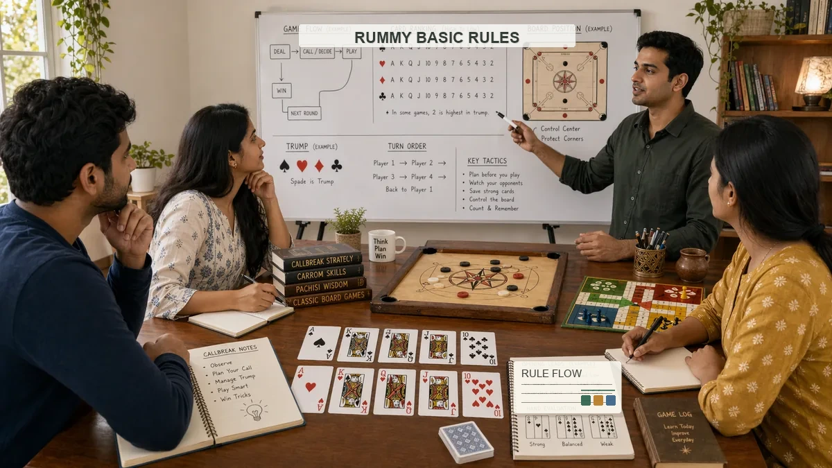 Rummy classroom training scene with instructor, students, cards, and whiteboard diagrams