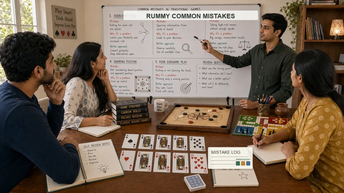 Rummy common mistakes training scene with whiteboard checklist, card examples, and student notebooks
