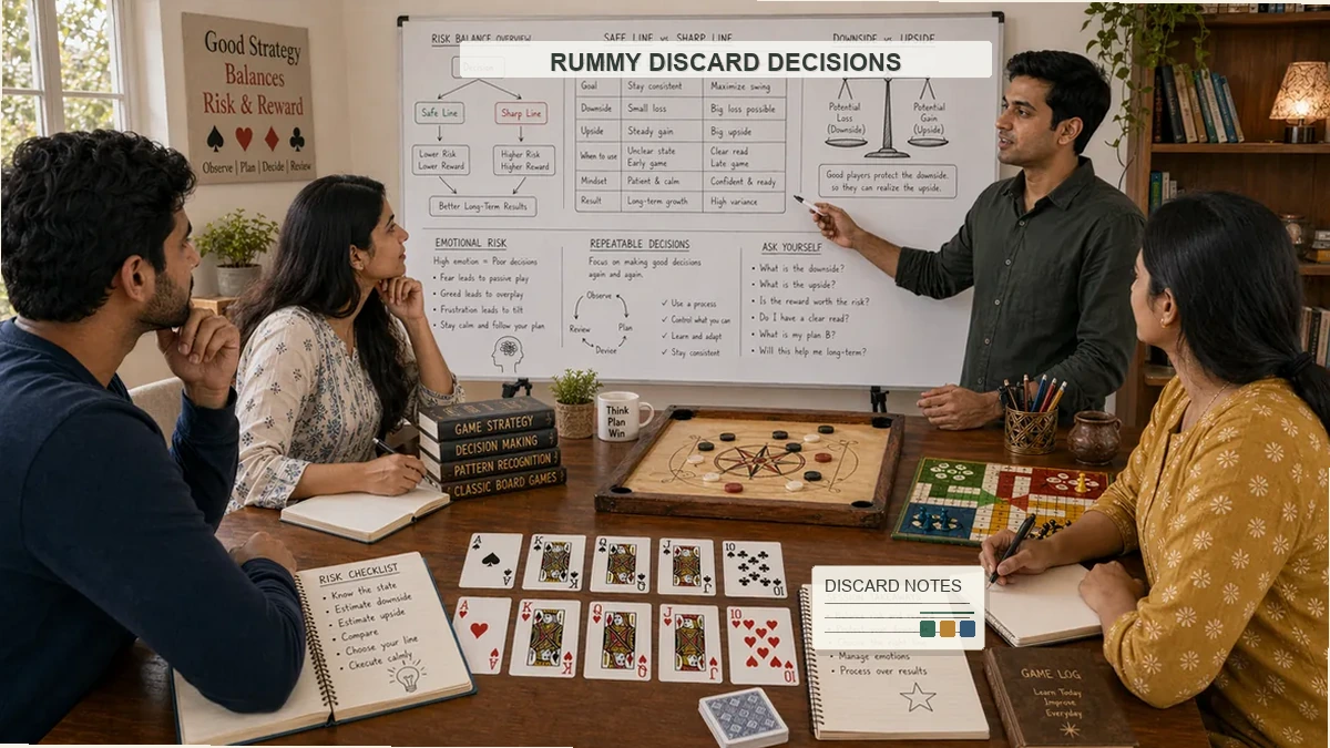 Rummy discard decisions classroom training scene with discard notes, card examples, and whiteboard strategy diagrams
