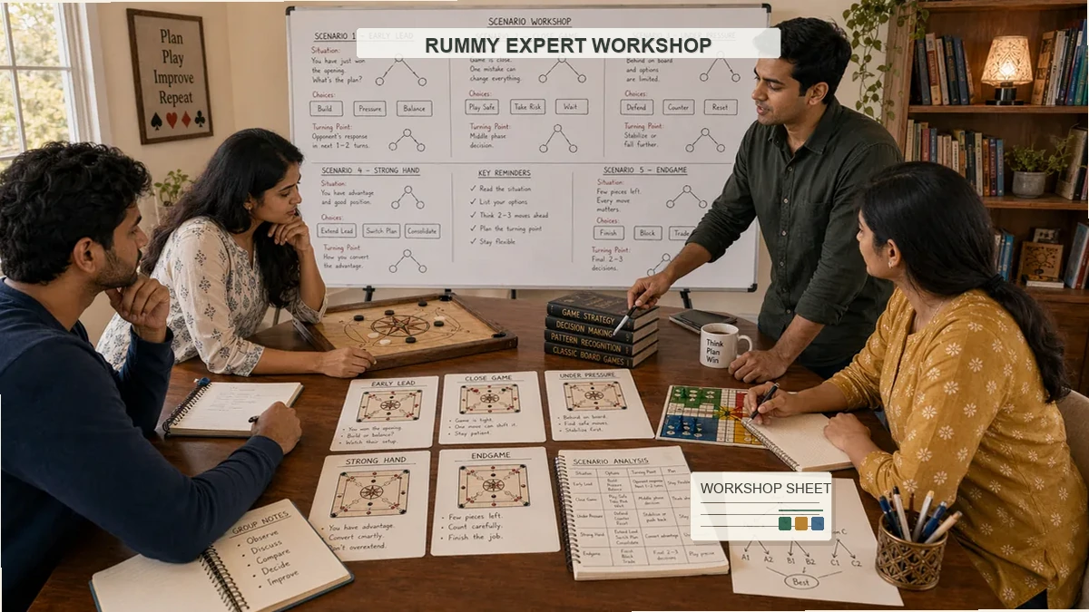 Rummy expert workshop classroom with detailed scenario sheets, card groups, whiteboard notes, and instructor guidance
