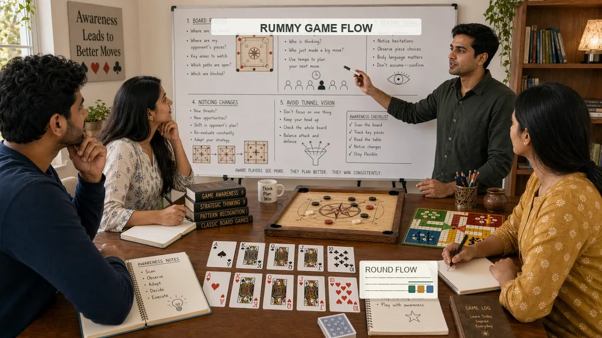 Rummy game flow lesson with whiteboard round flow, card layout, instructor, and students around a wooden table