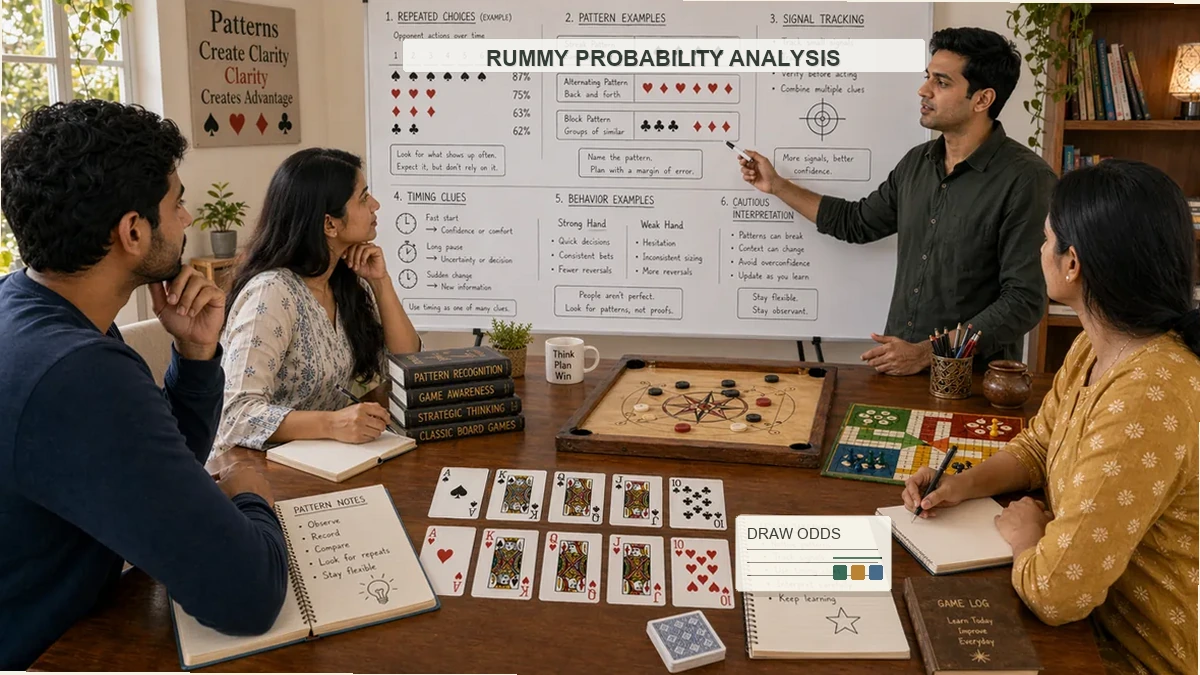 Rummy probability analysis classroom image with draw odds notes, chart diagrams, cards, and group discussion