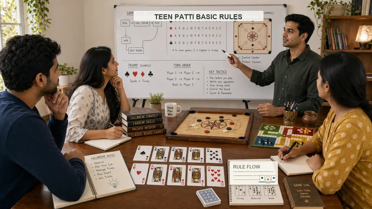Teen Patti classroom training scene with instructor, students, cards, and whiteboard diagrams