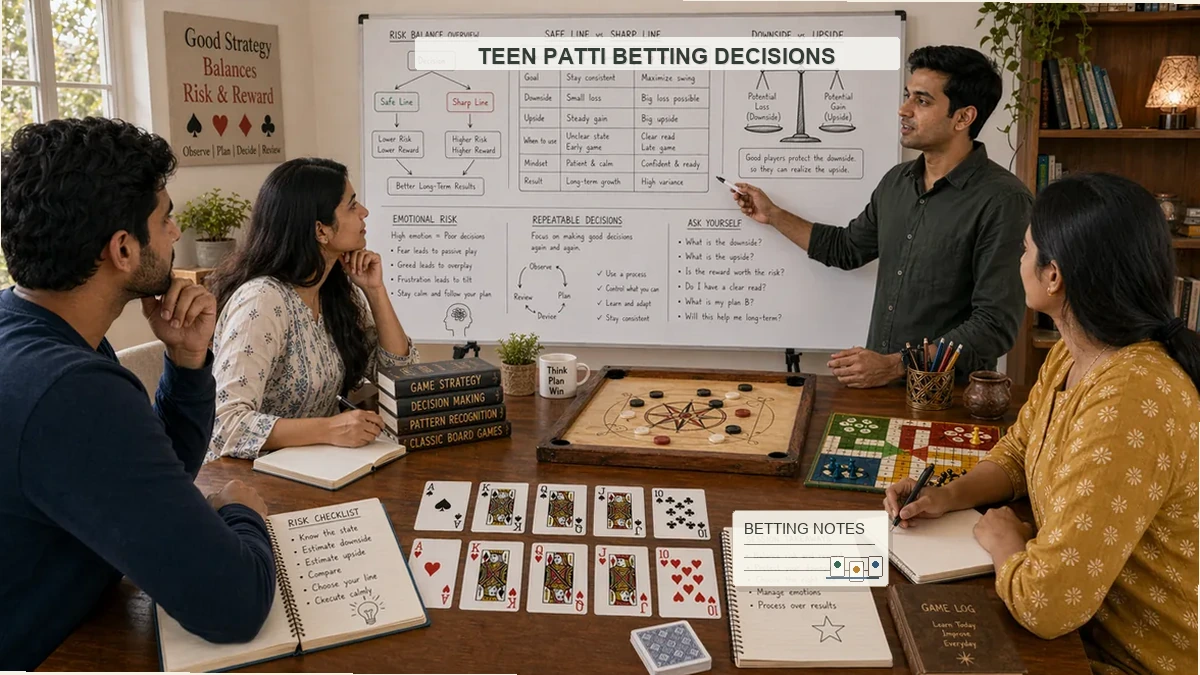 Teen Patti betting decisions classroom training scene with pressure notes, card examples, and whiteboard decision diagrams