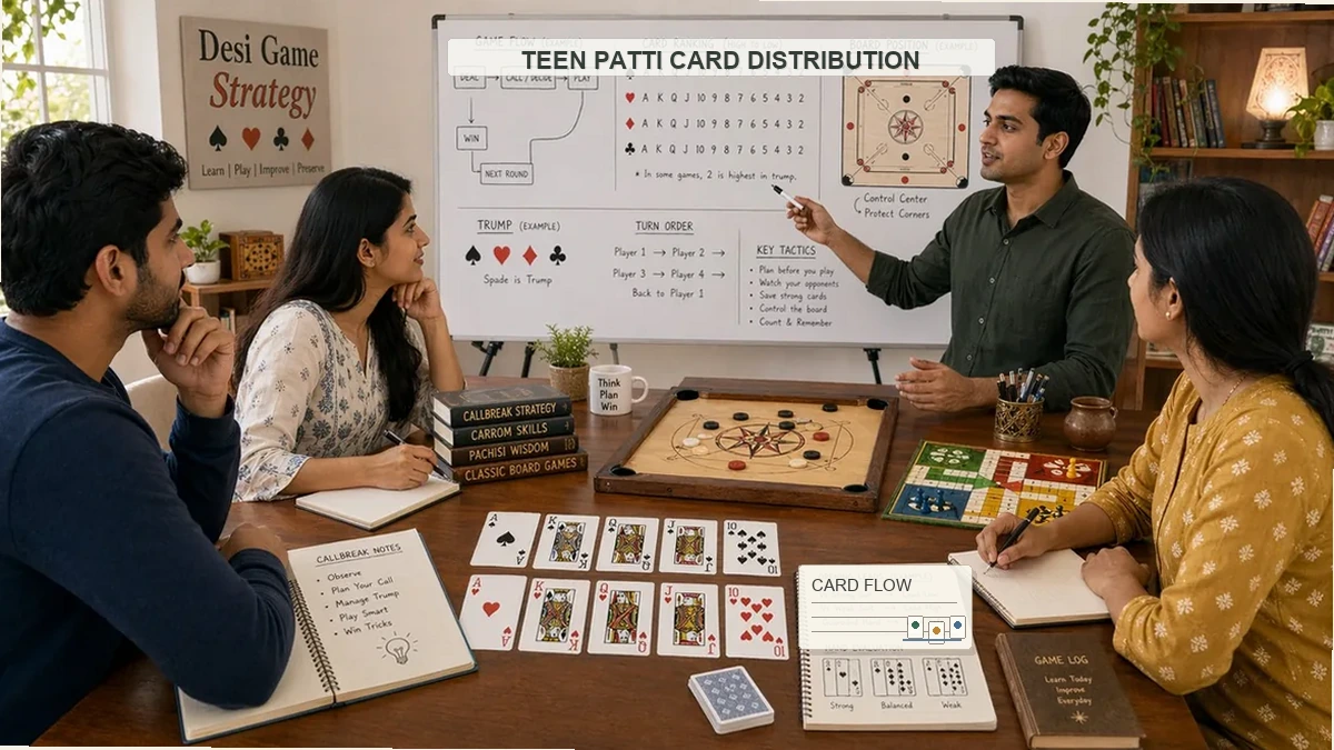 Teen Patti card distribution classroom lesson with card flow notes, whiteboard structure, and adult students