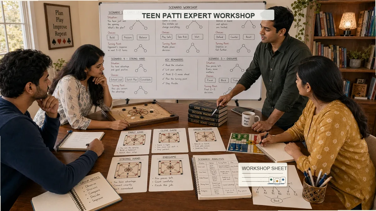 Teen Patti expert workshop classroom with detailed scenario sheets, card examples, whiteboard notes, and instructor guidance