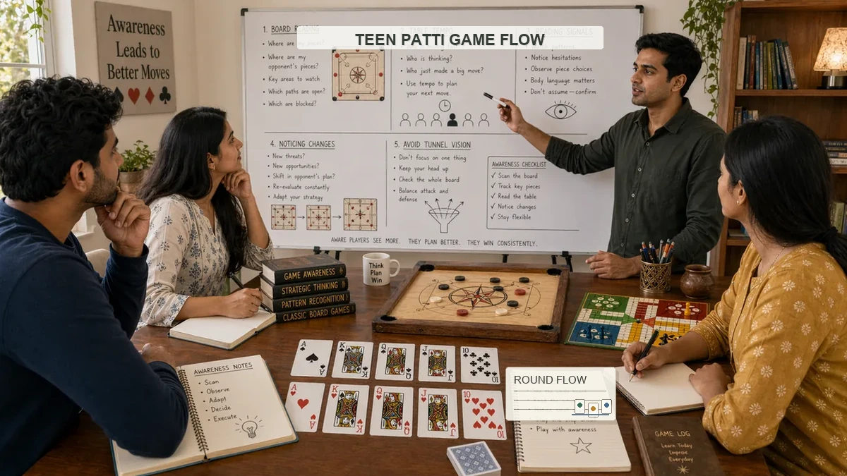 Teen Patti game flow lesson with whiteboard round flow, card layout, instructor, and students around a wooden table