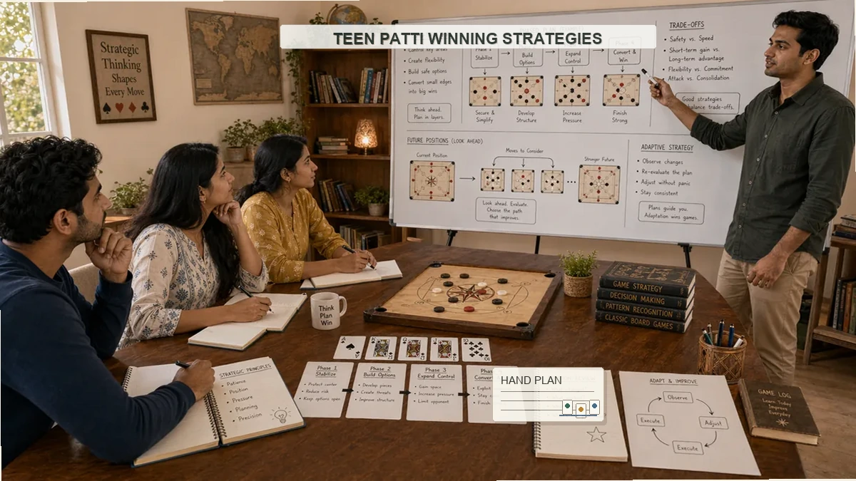 Teen Patti winning strategies workshop with hand planning notes, card examples, instructor, and students