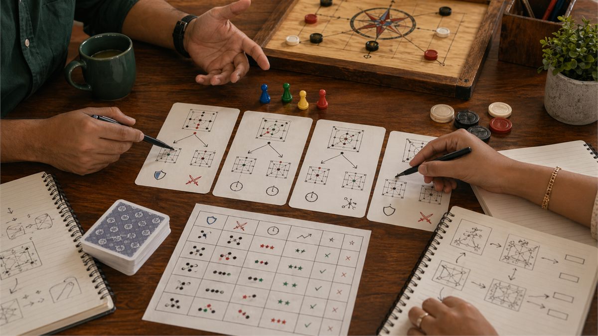 Decision-making lesson with options compared on a board and notes on trade-offs