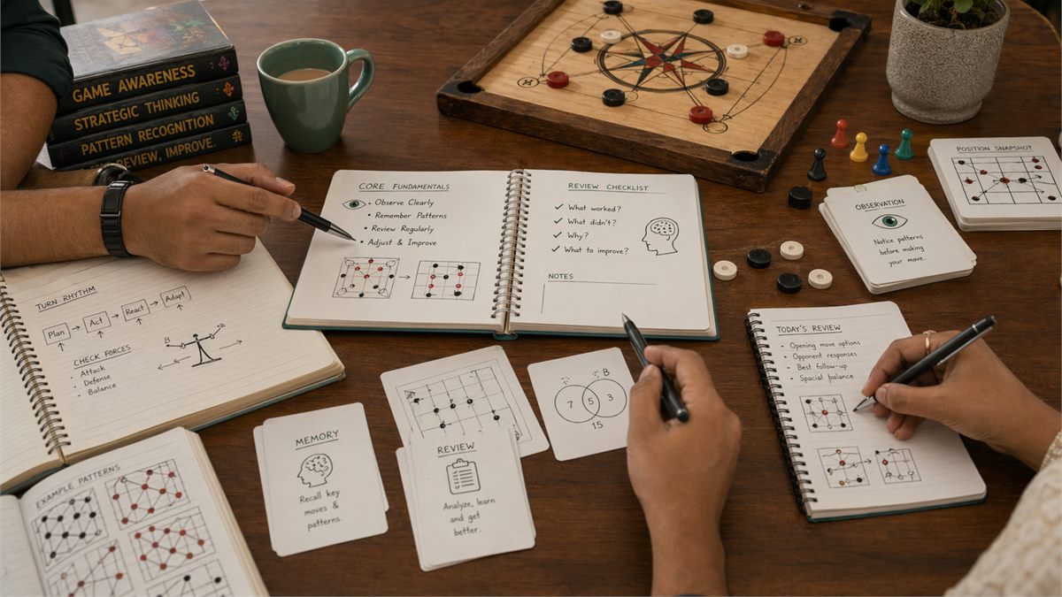 Players reviewing core gameplay fundamentals with notes, diagrams, and learning checkpoints