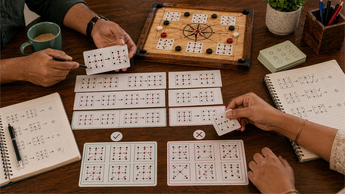 Pattern recognition study scene with repeated layouts, timing notes, and comparison boards
