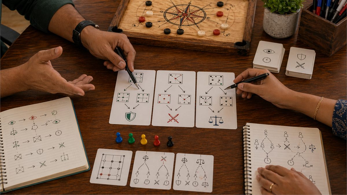 Risk and reward teaching scene with probability notes and safe versus aggressive lines