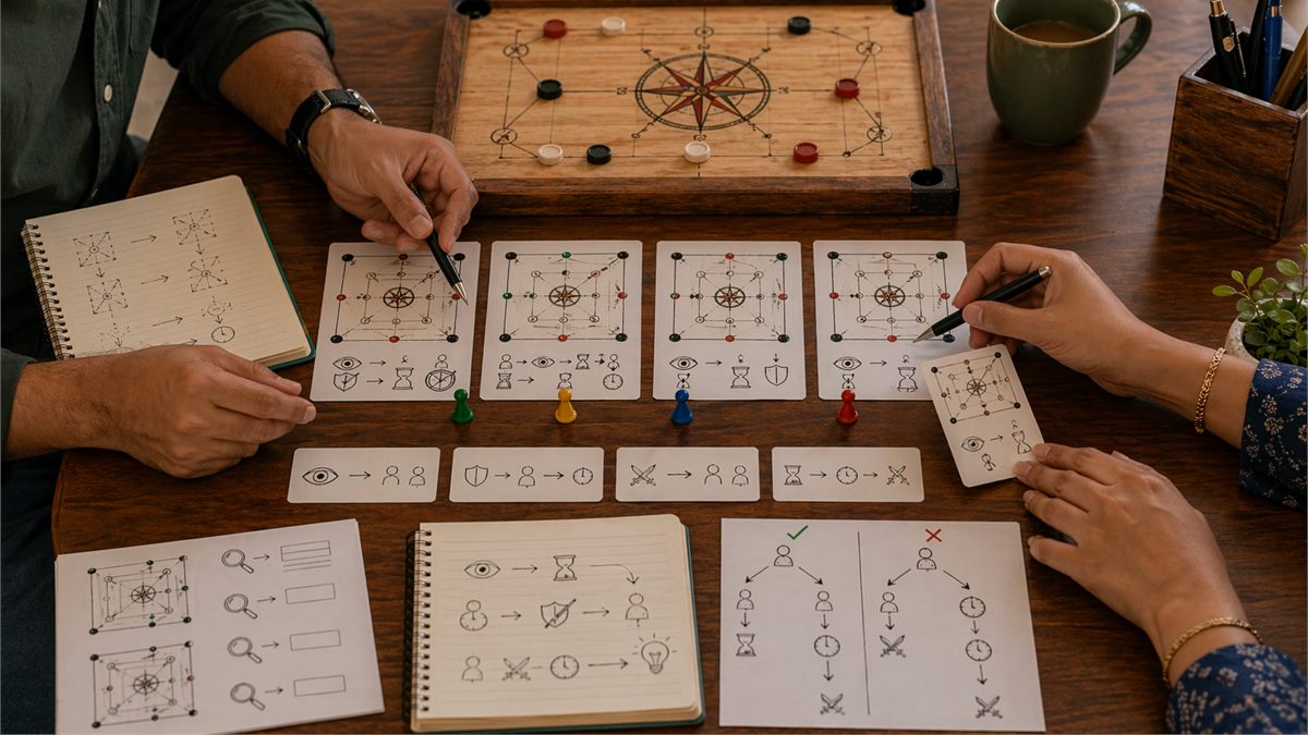 Case-study scene with multiple gameplay scenarios and turning-point comparisons