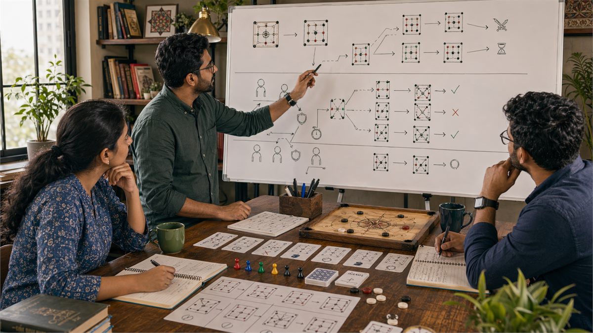 GameInsight India strategic thinking illustration in a calm educational workspace