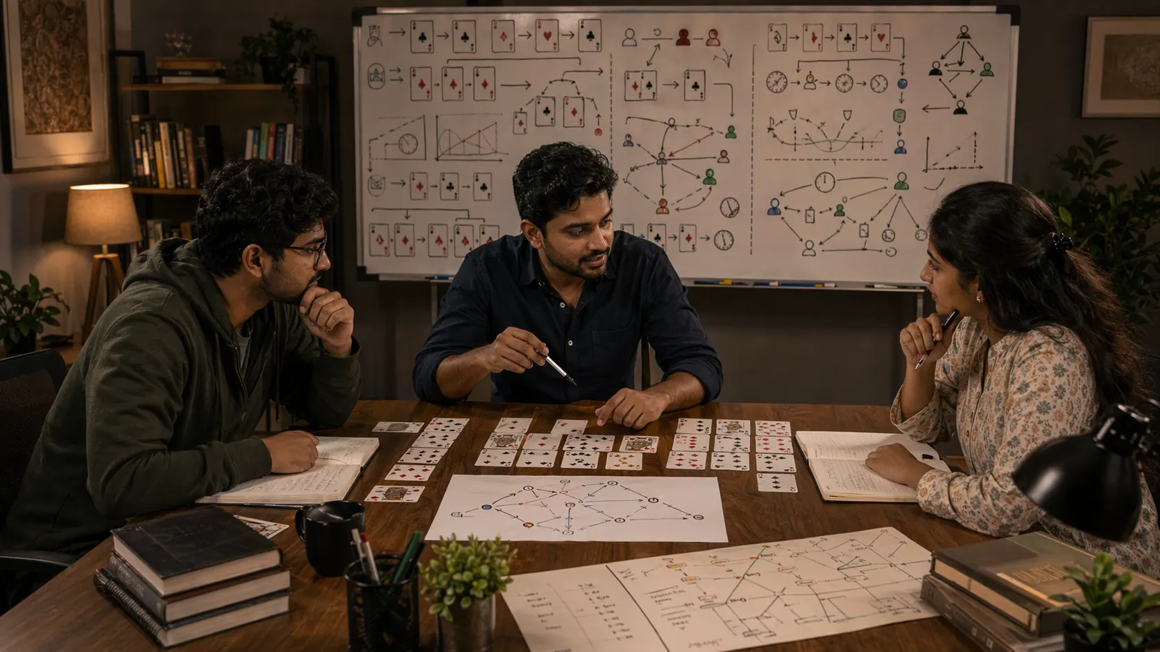 Advanced concepts study scene for Indian card games with layered notes and diagrams