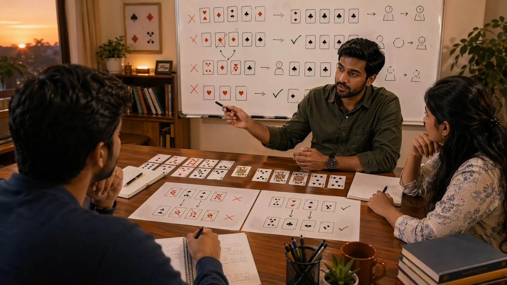 South Asian learners reviewing common mistakes in card games with corrected card layouts and notes