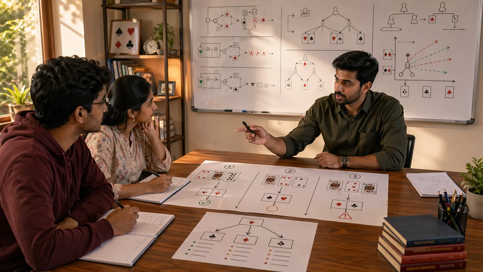 Instructor and learners comparing decision paths in an Indian card-game study session