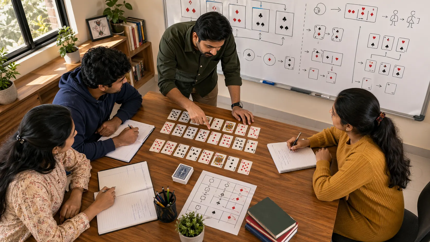 Learners studying the fundamentals of Indian card games with cards and notebooks on a wooden table