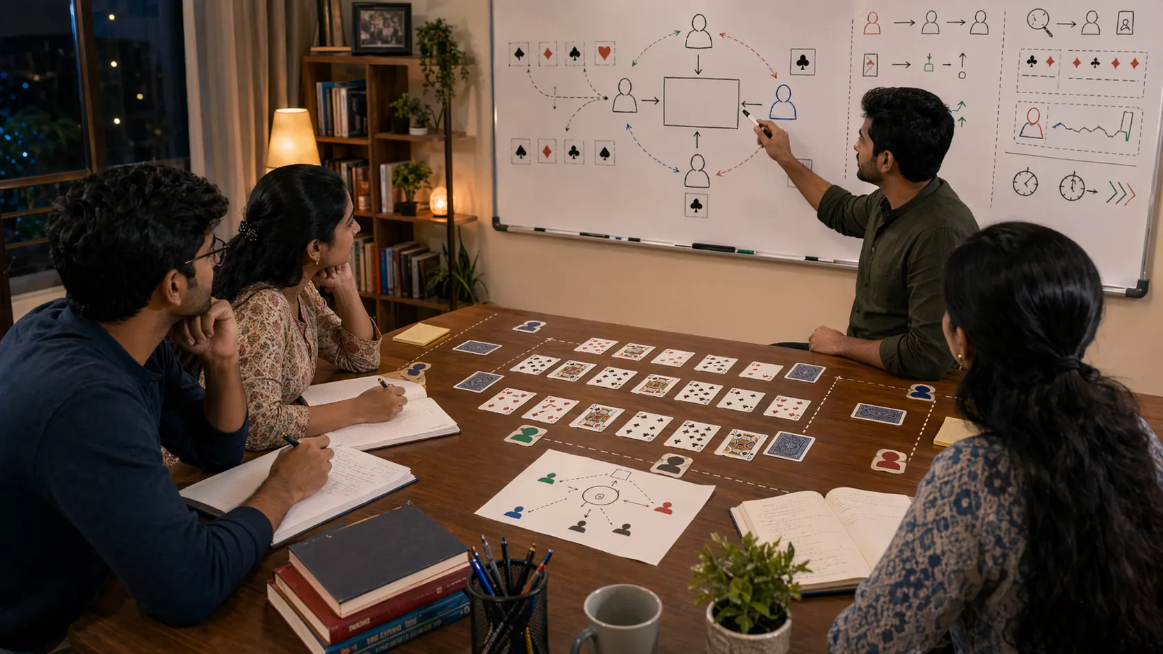 Study scene focused on game awareness in Indian card games with table layout diagrams on a whiteboard
