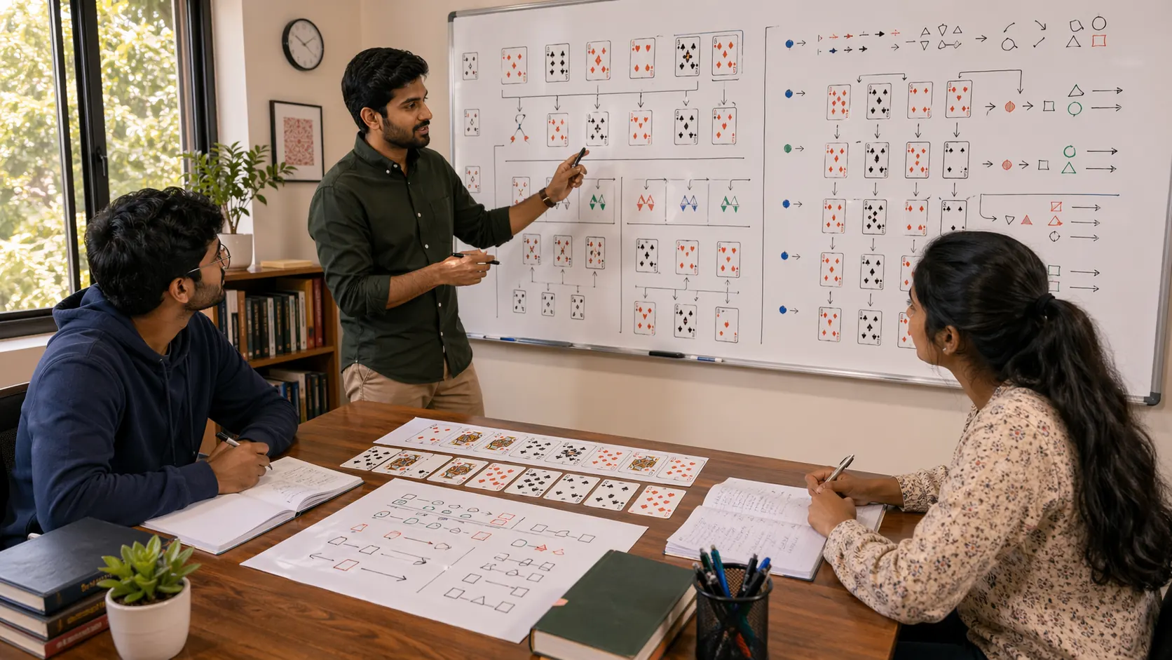Educational workshop on pattern recognition in Indian card games with grouped card examples and diagrams
