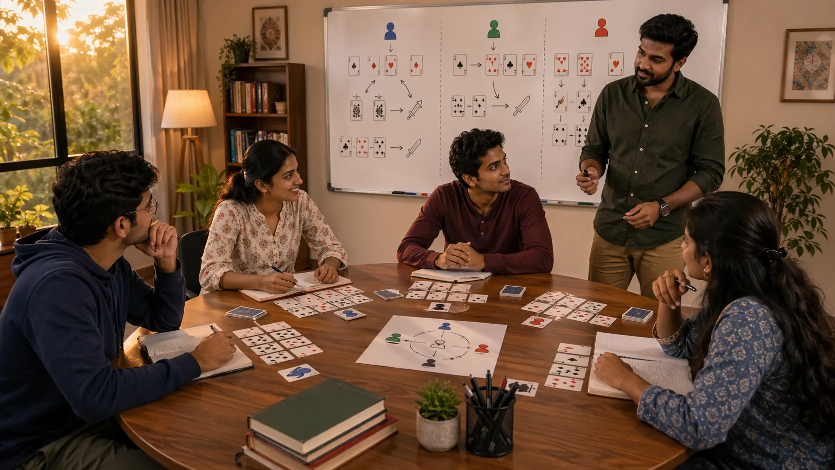Study scene comparing play styles in Indian card games with notes and table diagrams