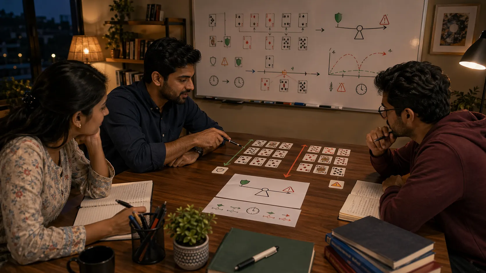 Educational risk balance scene for Indian card games with notes and calm analysis