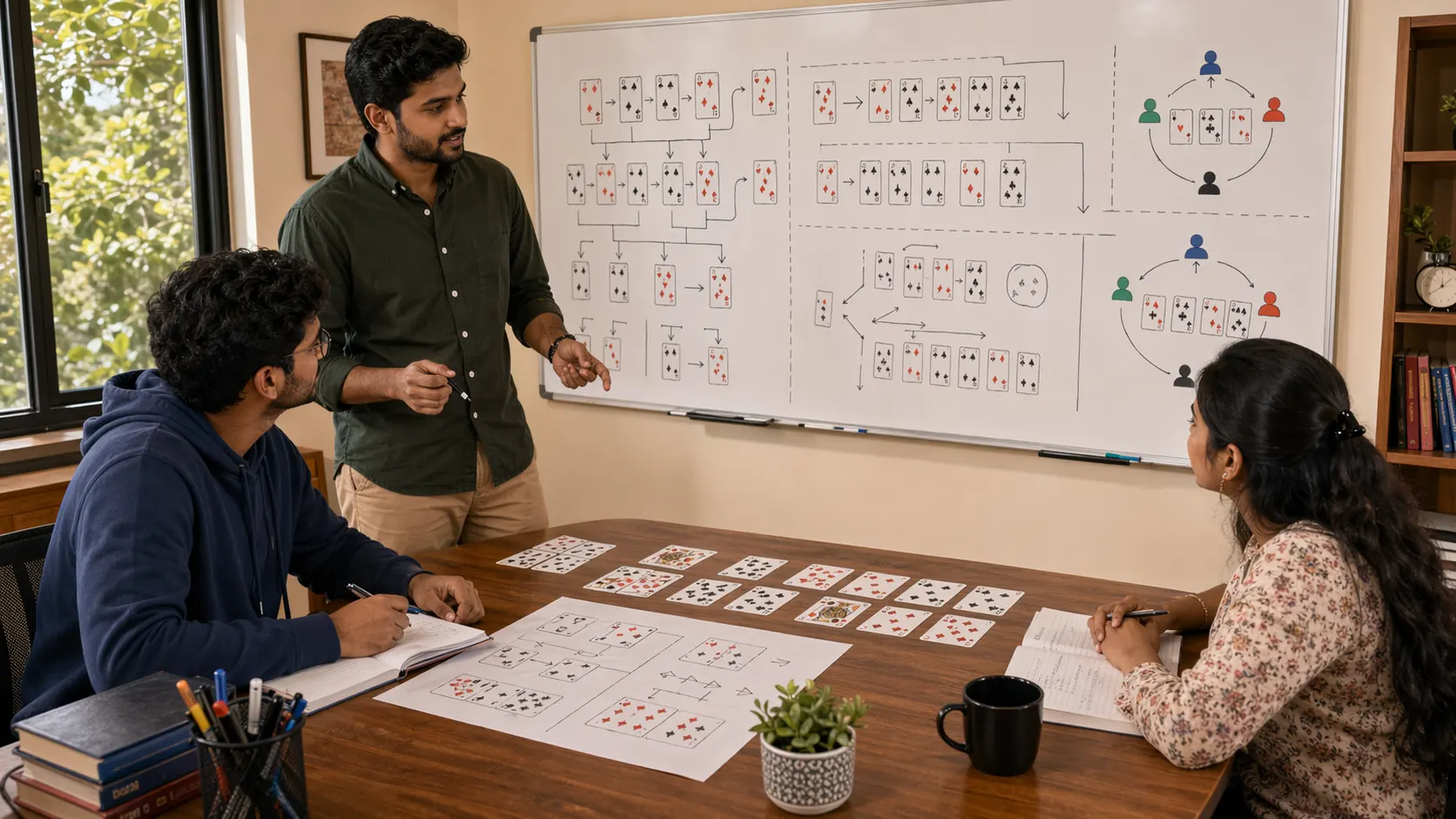 Scenario study scene for Indian card games with cards, notes, and a whiteboard