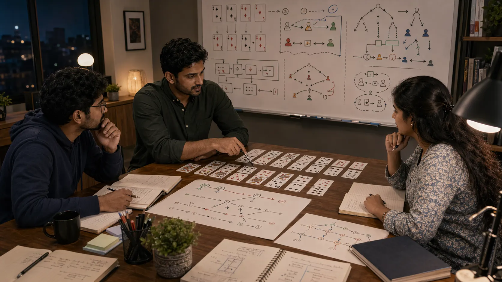 Night planning session about strategic thinking in Indian card games with future-round diagrams on a whiteboard
