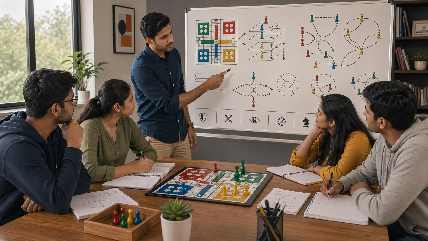 Ludo advanced study desk with board analysis, notebook, and quiet coaching atmosphere