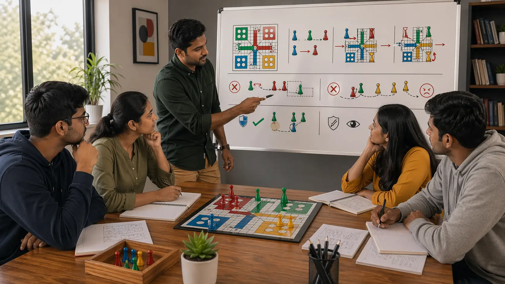 Ludo mistake review insert showing players and instructor examining repeated error patterns on a board and whiteboard