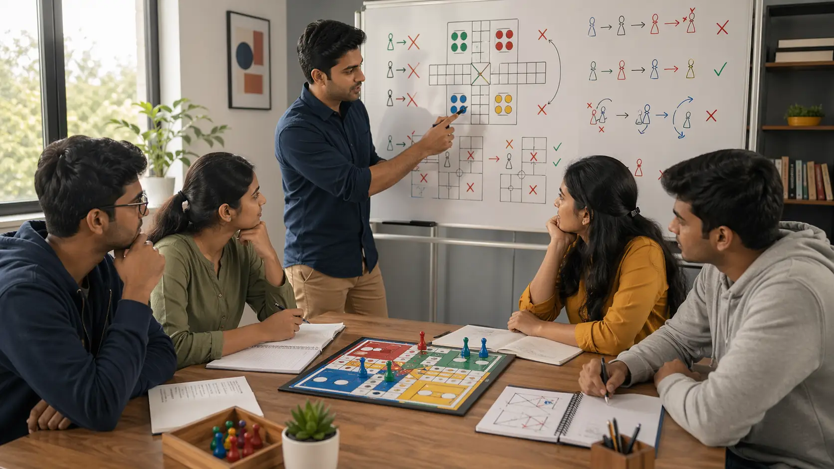 Ludo error review scene with board notes and thoughtful analysis setup