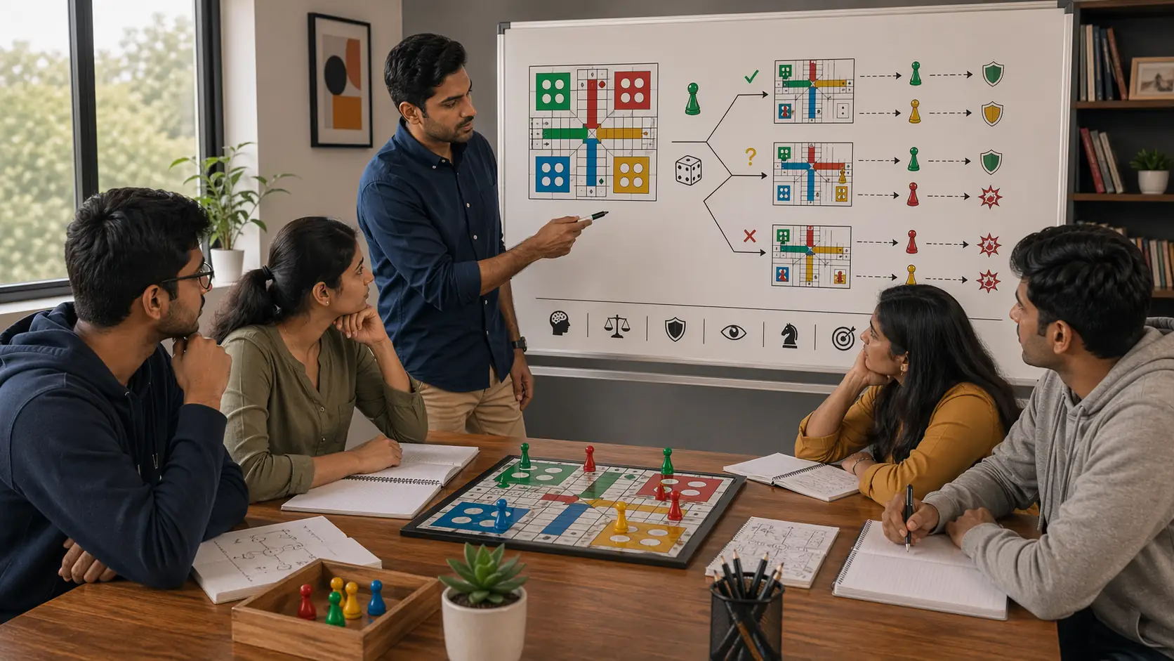 Ludo decision making teaching insert showing two plausible move choices compared on a board and whiteboard